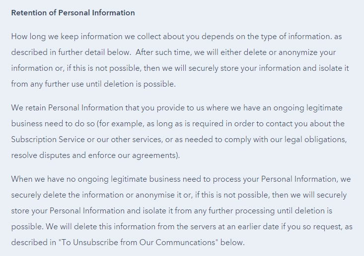 Hubspot's Privacy Policy: Retention of Personal Information clause