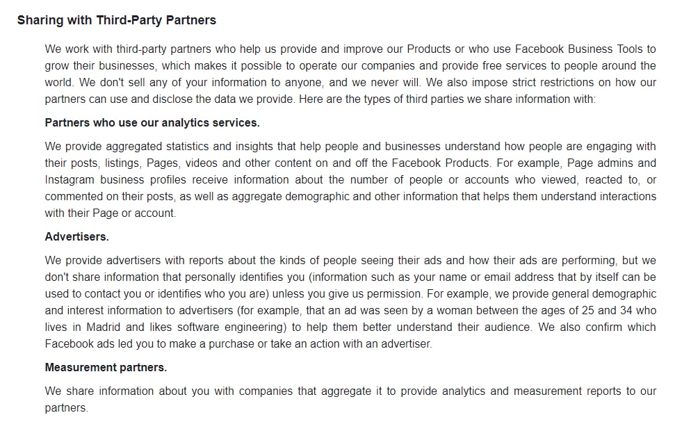 Facebook Data Policy: Sharing with third-party partners clause