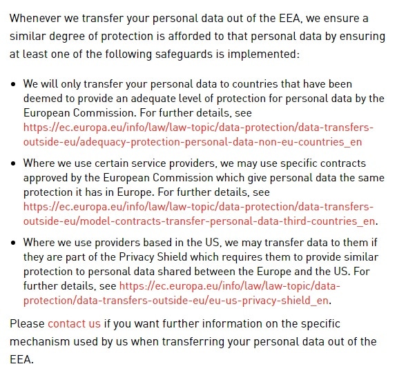 M Squared Privacy Policy: Excerpt of International Transfers clause discussing safeguards