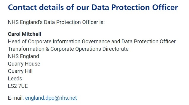 NHS England Privacy Notice: DPO contact details clause